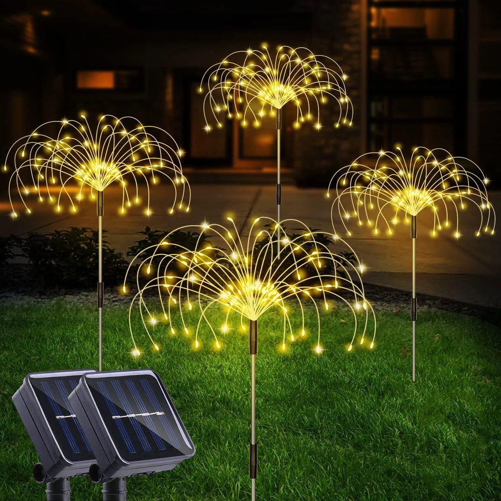 Outdoor Solar Lights,Solar Firework Light, 4 Pack Solar Garden Lights with 120 LED Stake Starburst Lights 8 Modes Solar Patio Fairy Lights for Lawn Garden Decor