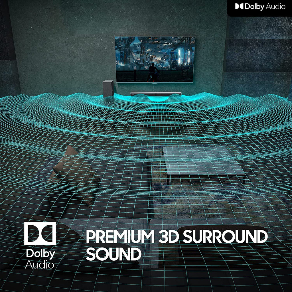 2.1 Channel Sound Bar with Subwoofer, Dolby Compatible, HDMI (ARC), Bluetooth 5.0, Optical, and Aux Connectivity – Model D6