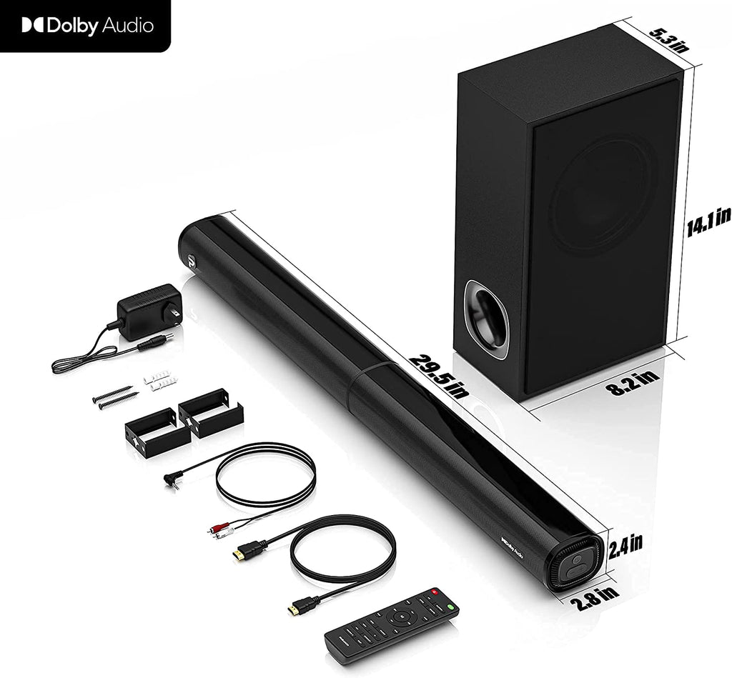 2.1 Channel Sound Bar with Subwoofer, Dolby Compatible, HDMI (ARC), Bluetooth 5.0, Optical, and Aux Connectivity – Model D6